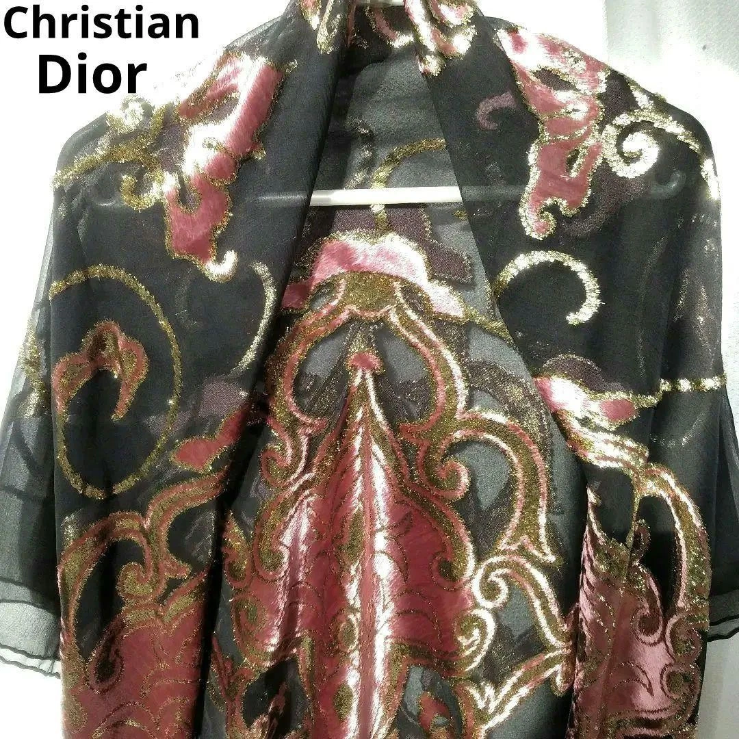 Grand châle foulard Christian Dior en mousseline noire avec broderie or rose 115 cm