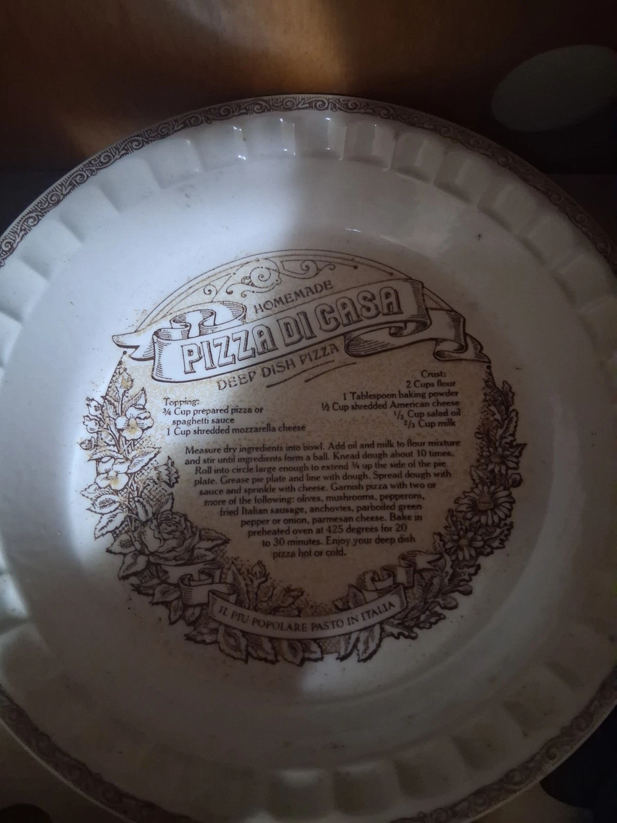 Deep Dish Ceramic Pie Plate Round Beige Brown Homemade Pizza di Casa Baking Dish