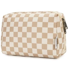 Travel Makeup Bag with Compartments Light Checkerboard Pattern Large Cosmetic