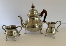 Williamsburg Kirk Stieff Vtg Pewter Tea Set Coffee Creamer Sugar Wood Handle