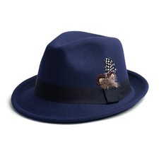 Short Brim Fedora Hat for Men Women Felt Trilby with Feather Navy Medium