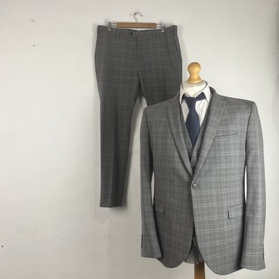 NEXT 3-Teiler Anzug Herren 46R hellgrau kariert 38 W 31 L Hose super skinny fit