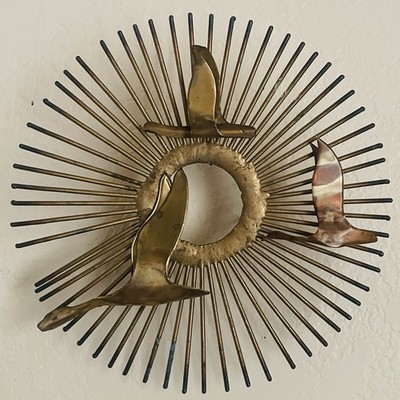 Vintage MCM Curtis Jere Metal Sunburst Birds Brass Copper Sculpture Wall Art~10 