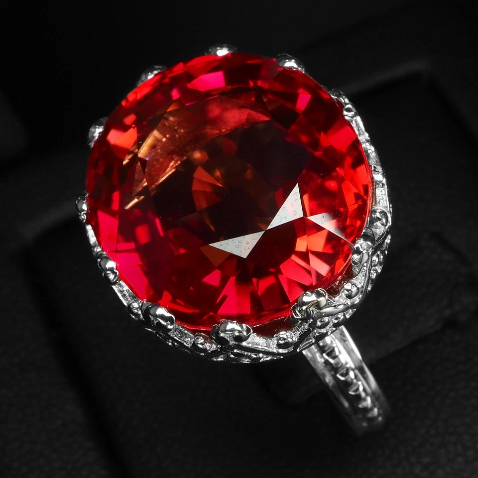 Anillos vibrantes hechos a mano de plata de ley 925 de 25,60 quilates con zafiro rojo naranja talla 6,75 Foto 4 de 4