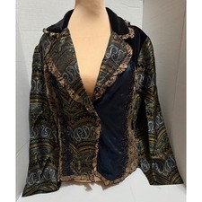 Coldwater Creek Paisley Blazer PM Boho Velvet Lace Teal Gold Romantic Jacket VTG