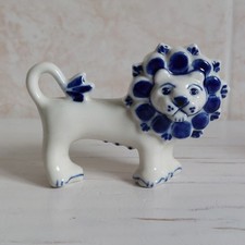 Vintage Gzhel Lion Figurine Porcelain Made In USSR Blue White Pottery Animal