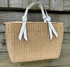 Vintage ETIENNE AIGNER Woven Straw & White Leather Handles Cotton Linen Handbag