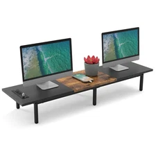 Dual Monitor Stand Riser with 2 USB Charging Ports, Wood Computer Desk Organizer
