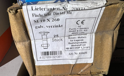 F+S Schlossschrauben M10x260mm 25St.  galv.verzinkt flachrundkopf  / NagDübReg