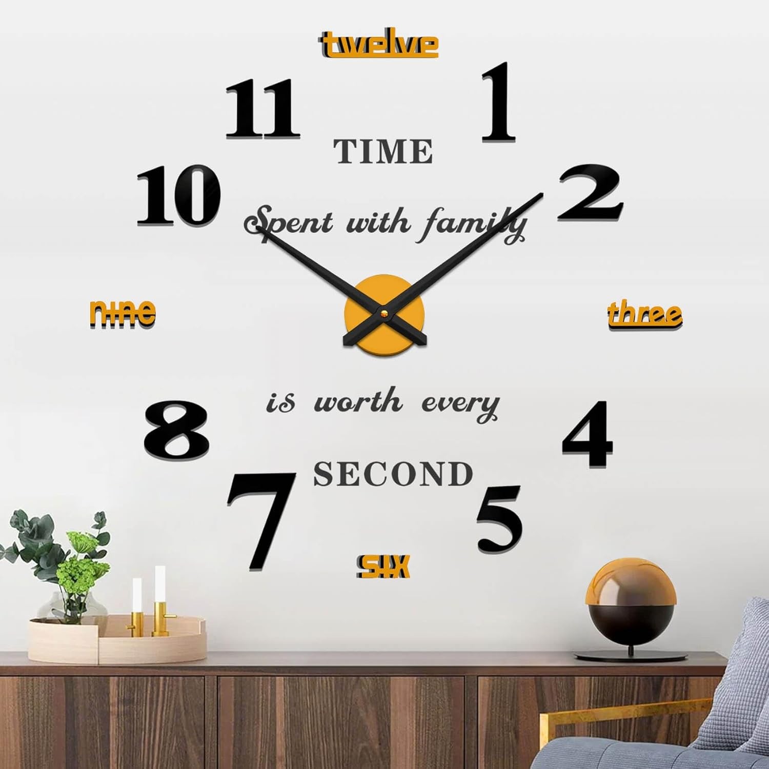 VANGOLD Giant Wall Clock for Living Room Decor, Decorative Black Gold