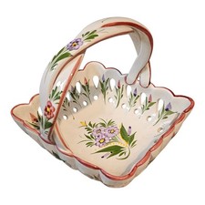 CERAMIC BASKET Ivory Pink Flowers design Braided Handle Portugal Decoration