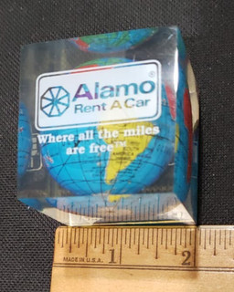 Vintage Lucite Globe Paperweight Alamo Rent A Car Uniglobe Travel Promo 2" Cube