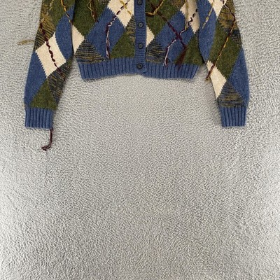 Zara Cardigan Sweater Womens Large Blue Argyle Button Front