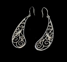 925 Sterling Silver SU Open Work Tear Drop Filigree Drop Dangle Earrings, 4.7g