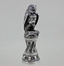 FINE ANTIQUE FIGURAL SILVER WAX SEAL OWL BIRD GEM-SET with SAPPHIRE Sterling 19c