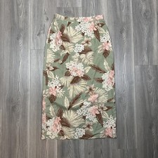 Falda midi Leslie Fay Sportswear verde estampado tropical mezcla de lino talla 12