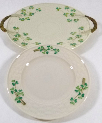 Vintage Belleek Fermanagh Irish Shamrock Basketweave Cake Platter & 6.5'' Plate
