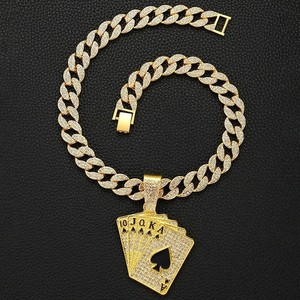 Authentic Men's Hip Hop Iced Out Poker Card Pendant Necklace 14k Yellow Gold Plated
