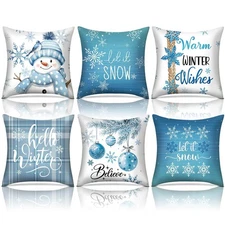 Set of 6 Winter Snowman Pillow Covers Blue White Snowman Throw Pillow Covers ...