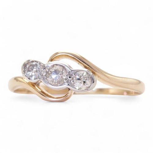 UNO DOS TRES Art Deco 18K Yellow Gold Platinum Set Old Cut Diamond Trilogy Ring - Picture 3 of 11