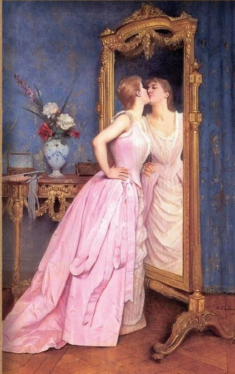 Victorian Trading Co Vanity Woman Kissing Herself in Mirror Unframed Print PA13