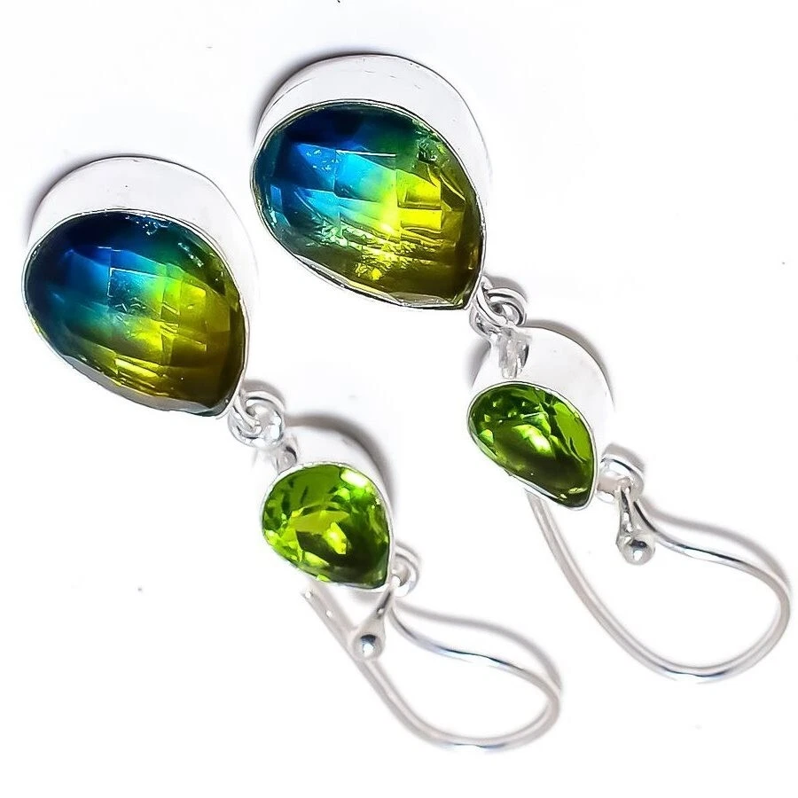 Bi-Color Tourmaline Gemstone 925 Sterling Silver Handmade Jewelry Earrings 1.90" - Image 2 of 4