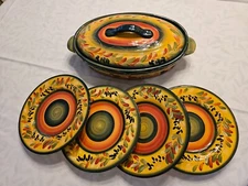 La Province Tabletops Gallery Hand Painted Oval Casserole & 4 Salad Plates
