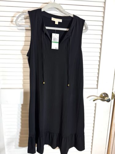 Michael Kors NWT Women’s Large Black Tie V Neck Ruffle Hem Shift Dress