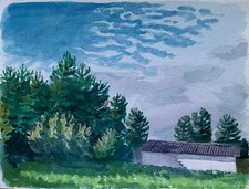 Aquarell Karl Adser 1912-1995 Camping Bäume Sommertag Dänemark 1987