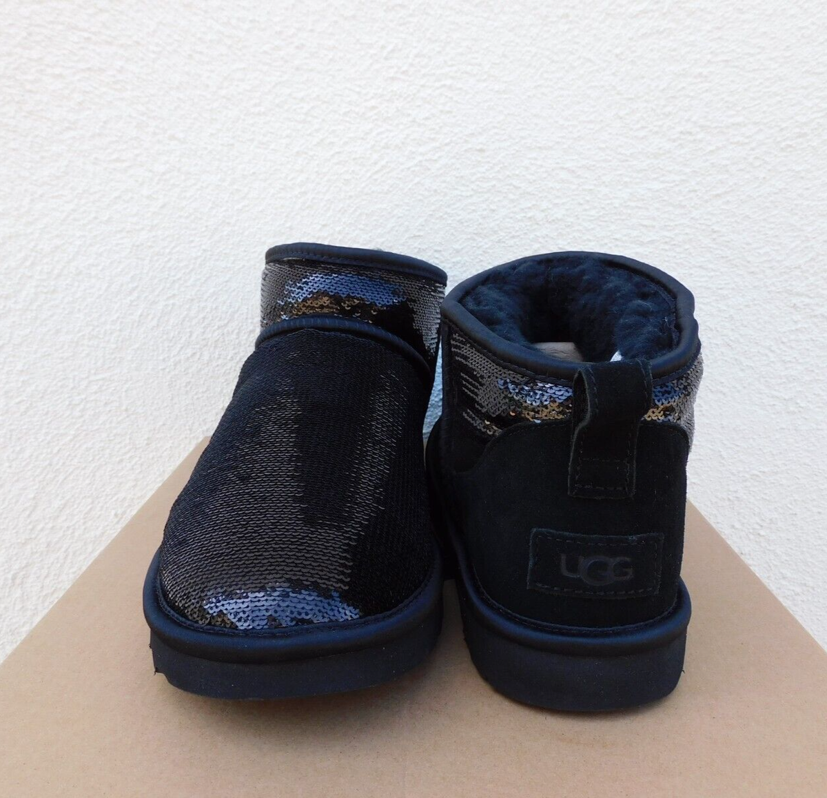 UGG BLACK CLASSIC ULTRA MINI MIRROR BALL SEQUIN BOOTS, WOMEN