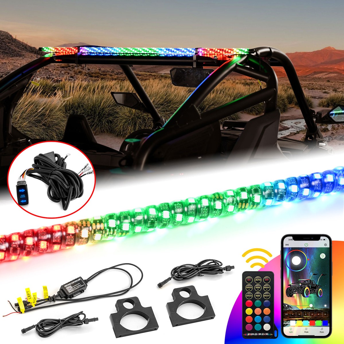 4FT Rear Horizontal RGB Spiral Whip Light+Turn Signal Wire