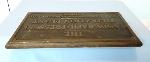 Antique bronze & wood Plaque CANDY RAPID PRESSURE FILTRATION PLANT CO LTD LONDON - Picture 10 of 18