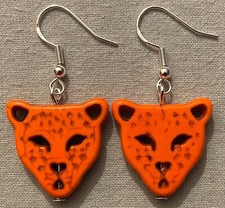 ORANGE DYED HOWLITE LEOPARD CAT FACE BEAD EARRINGS w/SS Ear Wires CHEETAH JAGUAR