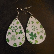 Faux Leather Teardrop Shaped Clover St. Patrick's Day Drop Dangle Earrings