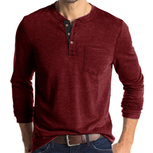Herren Langarm Henley Ausschnitt T-Shirt lässig einfarbig schmale Passform Knopf Pullover Tops - Bild 10 von 34