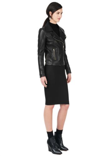 Chaqueta de Cuero Genuino Negra Mujeres Piel de Cordero Suave Corredor Motociclista Chaqueta de Cuero Regalo - Imagen 2 de 6