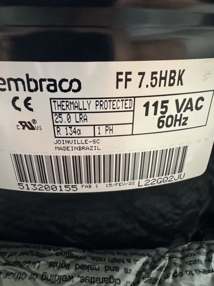Compressor de refrigeração EMBRACO FF7.5HBK 1/5 HP LBP/HBP R134A NOVO - Imagem 2 de 4