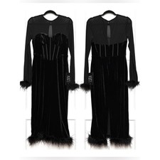 LULUS Velvet Sweetheart Bustier Sheer Mesh Feather Trim Y2K Basque Waist Dress M