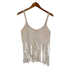 Crochet Crop Top Women X Small Cream Festival Fringe Coachella Concert Boho