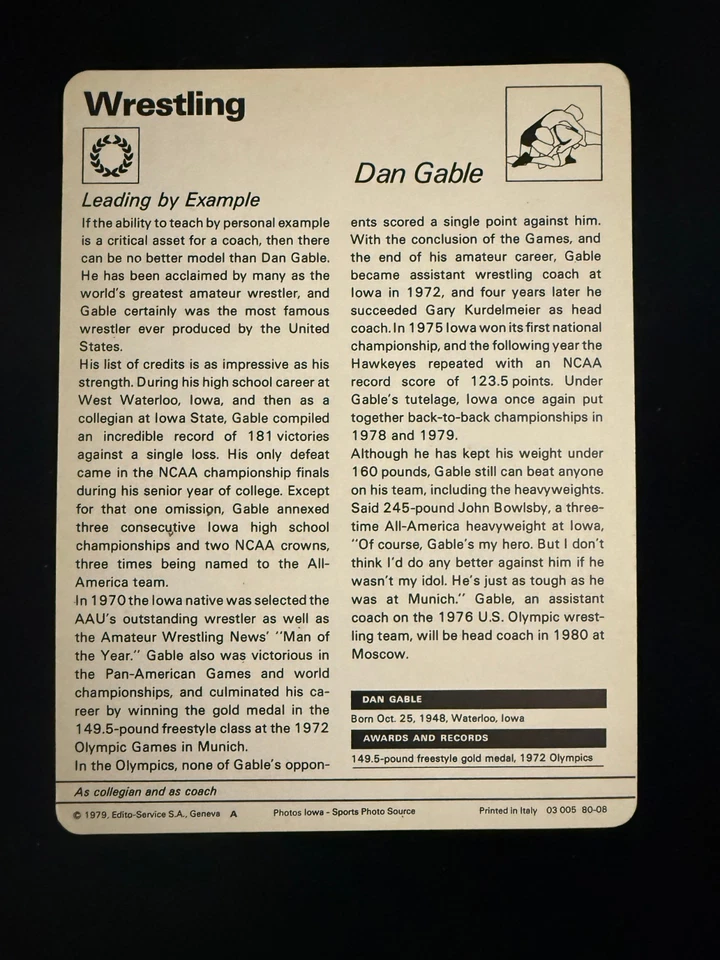 Sportscaster Wrestling 1979 #80-08A Dan Gable Iowa State Legend Ex+/Nrmt Foto 2 de 2
