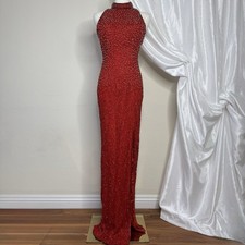 Vintage Papell Boutique Evening Gown Size 10 Red Beaded Silk Backless Maxi Dress