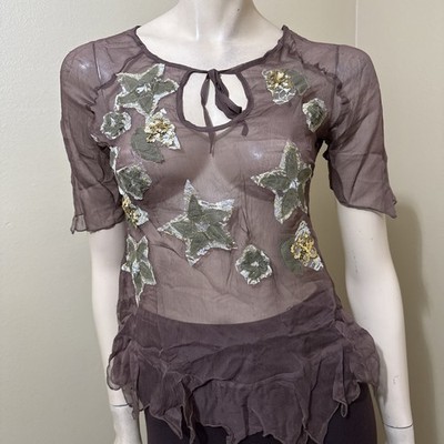 Women s Brown Silk Casual Summer Sheer Beaded Embroidered Lace Size L Blouse Top