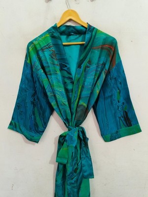 Tie Dye Robe Patchwork Bikini Cover Up Maxi Robe Recycled Silk Saree, T-6182