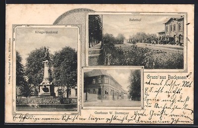 Ansichtskarte Bockenem, Bahnhof mit Kriegerdenkmal und Gasthaus W. Dormeyer 190 