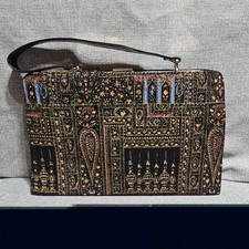 Vintage Handmade Tapestry Carpet Bag with Leather Straps Boho Shoulder Tote — listing 6