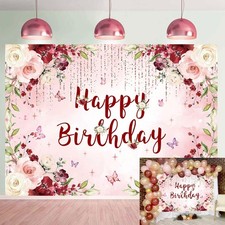 Burgundy Floral Happy Birthday Backdrop Glitter Pink Rose Flower Photography ...