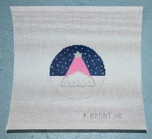 hand painted needlepoint canvas #18 Xmas tree ornament snowing scene pink 3"