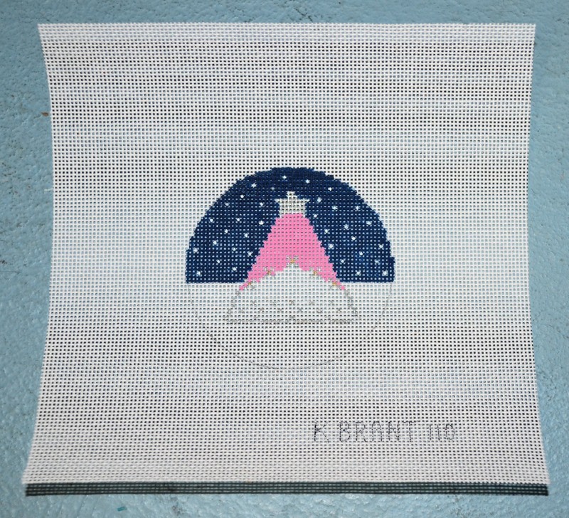 hand painted needlepoint canvas #18 Xmas tree ornament snowing scene pink 3"