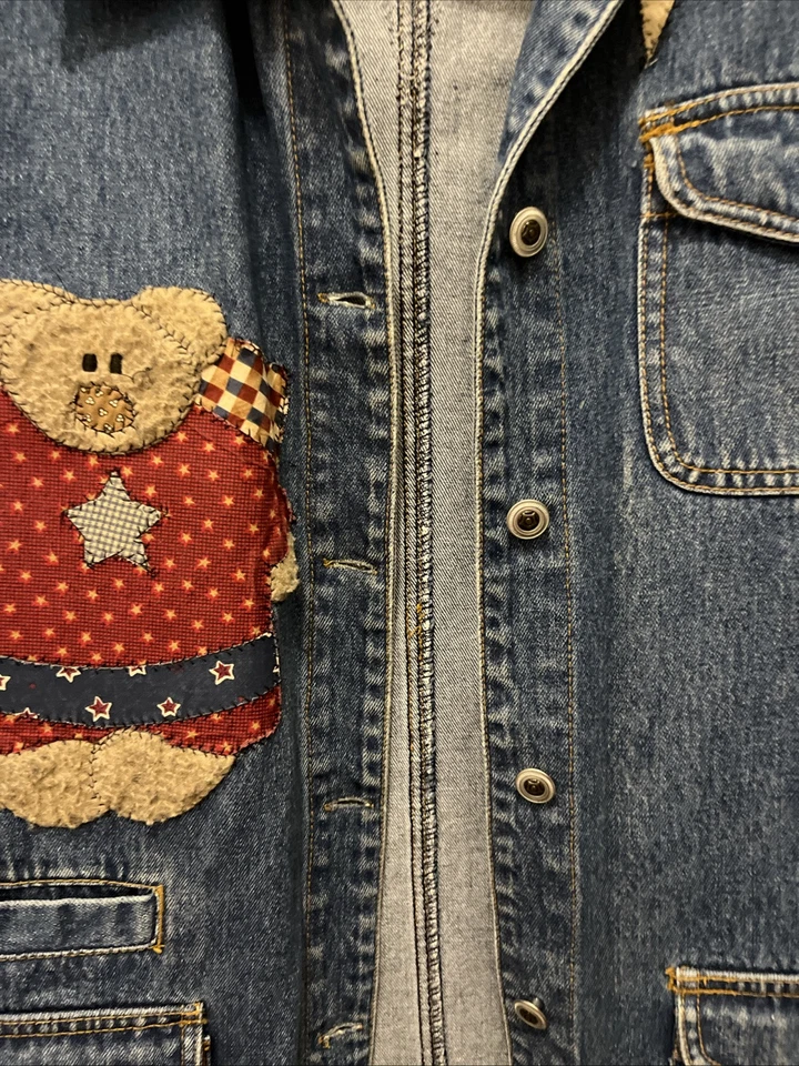 Vintage Women’s Long Denim Jacket Small Grandma Core Calico Bear Angel  Haec - Image 2 of 4