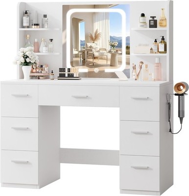 White Lar Makeup Vanity Desk with Smart LED Mirror & Power Stat,